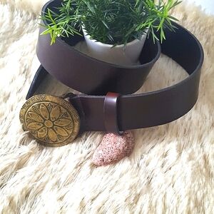 🔖Fairweather🔥90's-Y2K💋Boho Brown Leather Brass medallion Buckle Belt